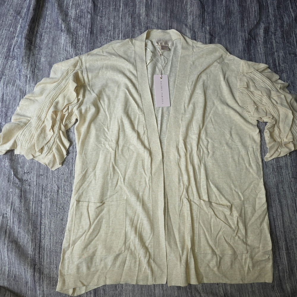 Rachel Parcell Beige Oatmeal Knit Cardigan Sweater Ruffled Sleeve Pockets L - Picture 2 of 10